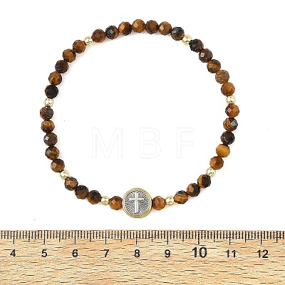 Religion Natural Tiger Eye Beaded Stretch Bracelets with Brass Flat Round with Cross Beads BJEW-JB14360-03-1