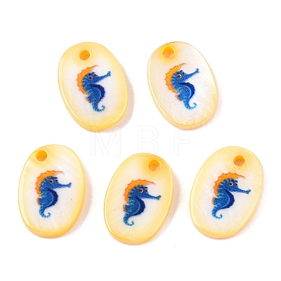 Natural Freshwater Shell Double Face Printed Oval Charms SHEL-T020-05H-1