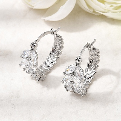 Leaf Brass Micro Pave Cubic Zirconia Hoop Earrings EJEW-P333-03P-1