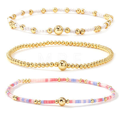 3Pcs 3 Styles Glass Seed Beads & Brass Beads Stretch Bracelets Set for Women VQ8944-1-1