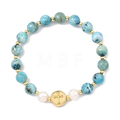 Natural Gemstone Hemimorphite & Cultured Freshwater Pearl & Brass Beads Stretch Bracelets for Women BJEW-JB13796-1