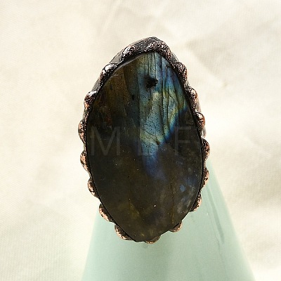 Natural Labradorite and Brass Cuff Rings RJEW-Q025-01A-1