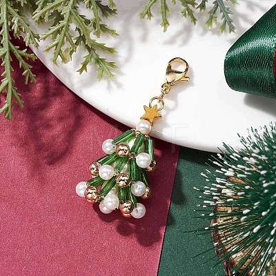 Christmas Tree Glass & Shell Pearl Pendant Decorations HJEW-TA00182-01-1