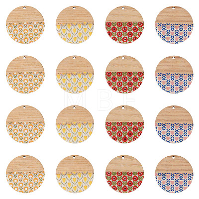 16Pcs 4 Colors Printed Resin & Wood Pendants WOOD-BT0001-13-1