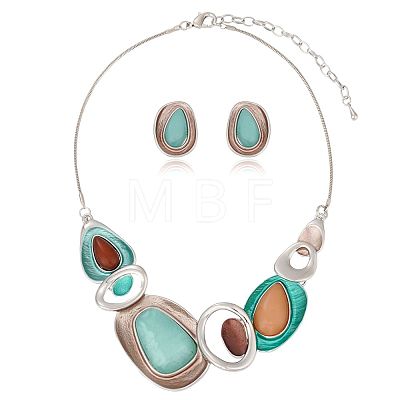 Oval Alloy Enamel Pendant Necklaces & Stud Dangle Earrings Sets for Women WG437DC-01-1