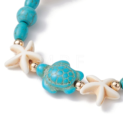 Turtle & Starfish Synthetic Turquoise Beaded Stretch Bracelet BJEW-JB09955-1