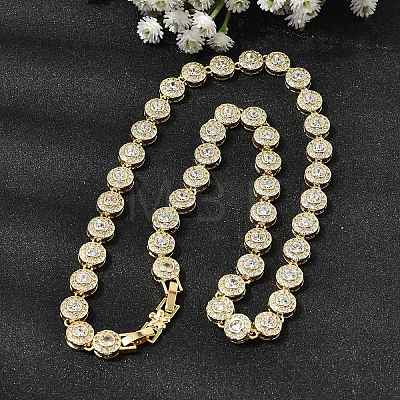 Brass Micro Pave Clear Cubic Zirconia Flat Round Link Chain Necklaces for Women NJEW-B157-18G-1
