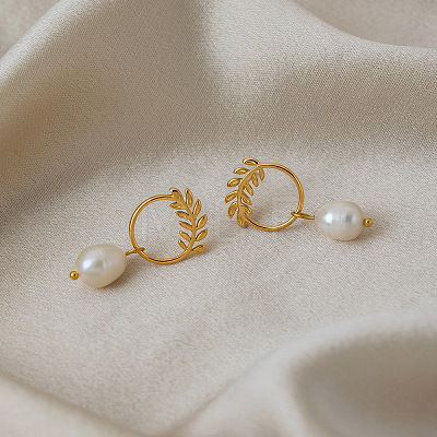 304 Stainless Steel with Freshwater Pearl Stud Dangle Earrings BO9211-1