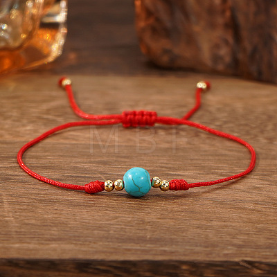 Stylish Round Synthetic Turquoise & Brass Bead Braided Bracelets HI1374-1