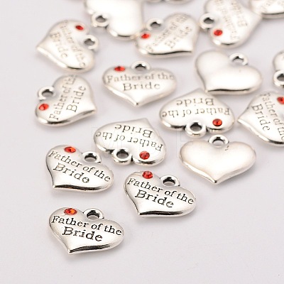 Wedding Theme Antique Silver Tone Tibetan Style Alloy Heart with Father of the Bride Rhinestone Charms TIBEP-N005-19B-1