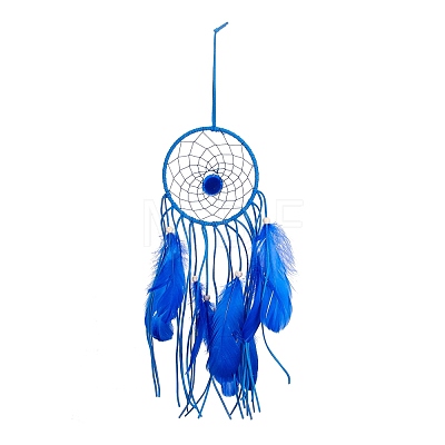 Handmade Round Evil Eye Leather Woven Net/Web with Feather Wall Hanging Decoration HJEW-G015-04-1