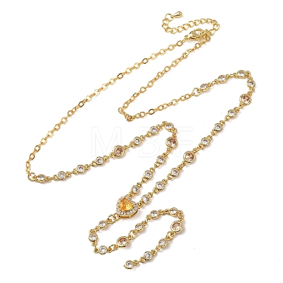 Brass Pave Cubic Zirconia Heart Pendant Y Tassel Necklaces for Women NJEW-A071-01G-03-1