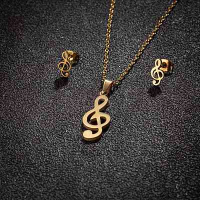 Stainless Steel Musical Note Stud Earrings & Pendant Necklaces Sets for Women PW-WG29B01-01-1