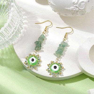 Evil Eye Natural Green Aventurine Chip & Seed Beads Dangle Earrings EJEW-MZ00166-04-1