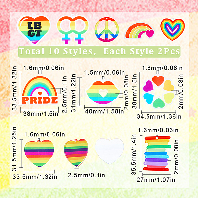 20Pcs 10 Style Pride Style & Rainbow Color Printed Acrylic Pendants SACR-SC0001-23-1