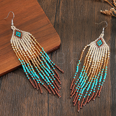 Handmade Glass Seed Beads Rhombus Tassel Dangle Earrings NB4453-1