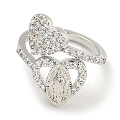 Heart & Virgin Mary Rack Plating Brass Micro Pave Cubic Zirconia Cuff Rings for Women RJEW-F162-11P-1