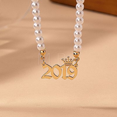 Alloy Crown Birth Year Pendant Imitation Pearl Round White Beaded Necklaces for Women FS-WG173C9-16-1