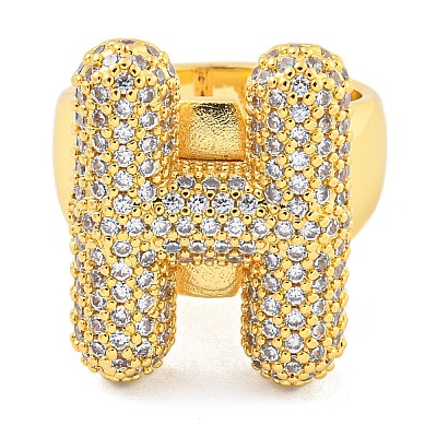 Brass Micro Pave Clear Cubic Zirconia Letter Open Cuff Ring for Women RJEW-M173-01G-H-1