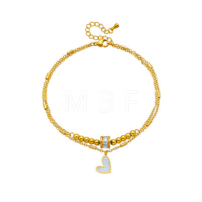 304 Stainless Steel Pave Clear Cubic Zirconia & Natural White Shell Heart Charm Double Layer Anklets for Women FS-WGDE261-01-1