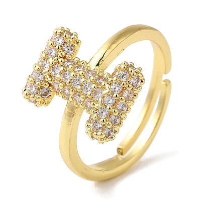 Rack Plating Letter Brass Micro Pave Clear Cubic Zirconia Adjustable Rings for Women KK-S391-03G-I-1