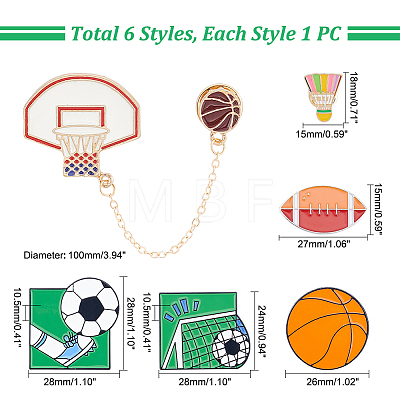 Unicraftale 6Pcs 6 Style Badminton & Basketball & Football Enamel Pins JEWB-UN0001-03-1