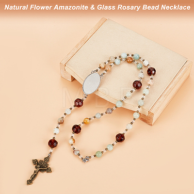 Natural Flower Amazonite & Glass Rosary Bead Necklace NJEW-PH01485-1