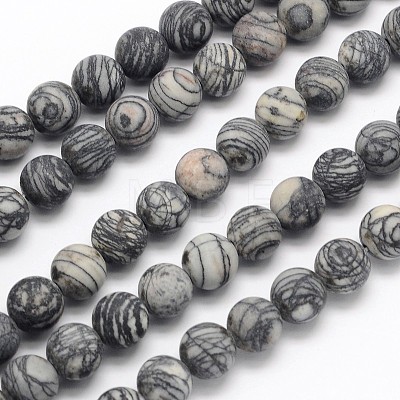 Frosted Round Natural Black Polychrome Jasper/Picasso Stone/Picasso Jasper Beads Strands G-N0166-44-6mm-1