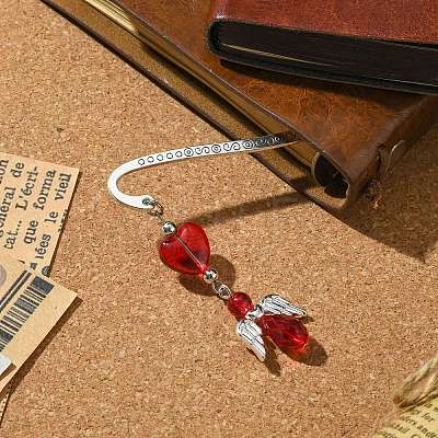 Glass Bead Heart Angel Bookmarks AJEW-JK00276-03-1