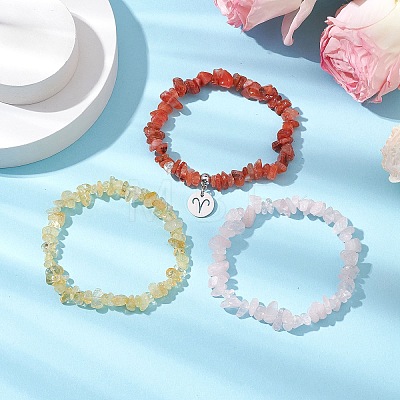 3Pcs 3 Styles Natural Rose Quartz & Citrine & Red Agate Chips Stretch Bracelets Sets BJEW-JB11076-03-1