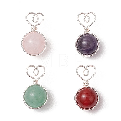 4Pcs 4 Styles Natural Rose Quartz & Green Aventurine & Amethyst & Carnelian Copper Wire Wrapped Heart Ball Pendants PALLOY-TA00215-02-1