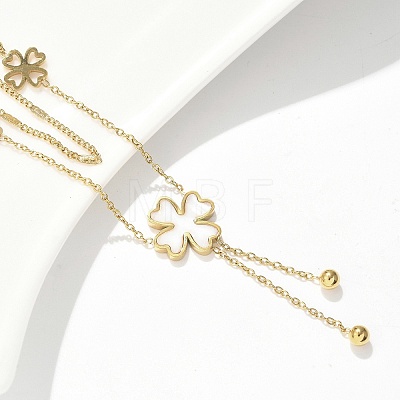 304 Stainless Steel Shell Pearl Clover Pendant Double Layered Necklaces for Women NJEW-U036-01G-1