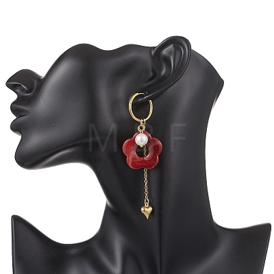 304 Stainless Steel Flower with Heart Tassel Hoop Earrings EJEW-JE06730-1