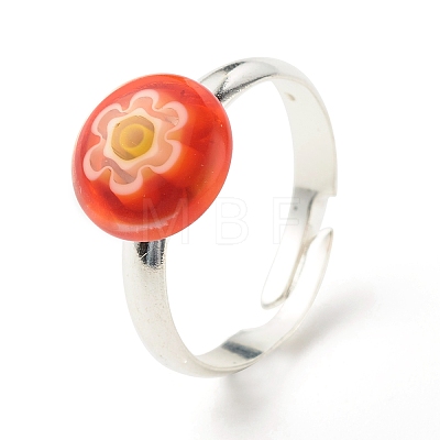 Flower Flat Round Millefiori Glass Adjustable Ring RJEW-JR00407-1