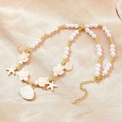 Ocean Brass Enamel Starfish Shell Shape Pendant Round ABS Imitation Pearl Beaded Necklaces KK-CBA4547-04D-G-1