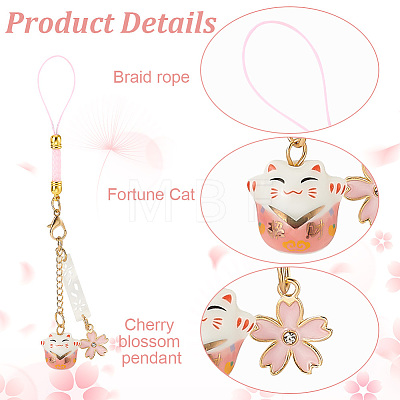 GOMAKERER 4Pcs 4 Colors Japanese Style Porcelain Lucky Cat & Sakura Alloy Enamel Mobile Straps HJEW-GO0001-09-1