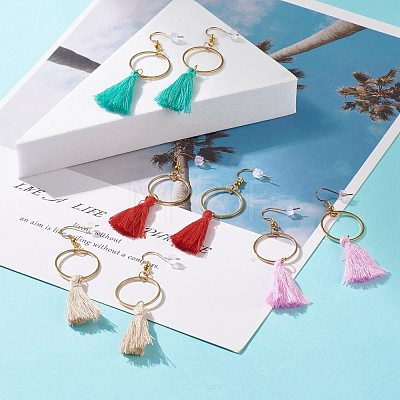 Ring with Cotton Tassel Dangle Earring EJEW-JE04837-1