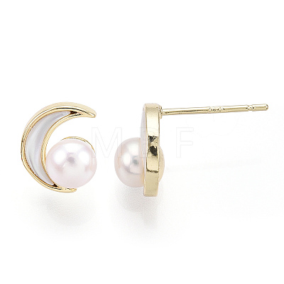 Crescent Moon Natural White Shell & Pearl Stud Earrings PEAR-N020-05N-1