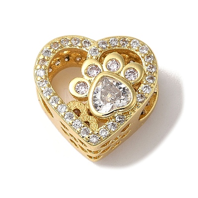 Heart with Paw Print Pattern Rack Plating Brass Micro Pave Cubic Zirconia European Beads KK-G511-05B-G-1