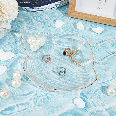 1Pc Ocean Series Transparent Gold Rim Glass Jewelry Plates AJEW-SC0002-79A-1