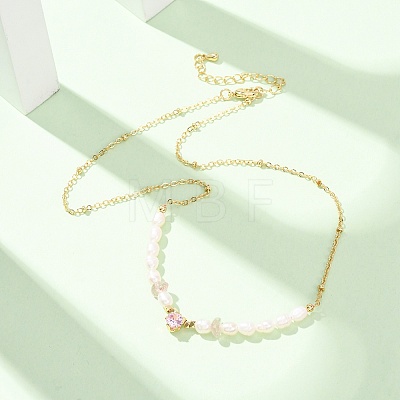 Natural Strawberry Quartz Chip and Rice Natural Pearl Beaded Necklaces GG-CBA3297-15G-H-1