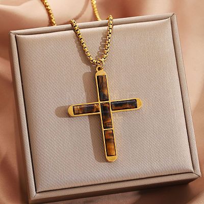 304 Stainless Steel with Natural Tiger Eye Religion Cross Pendant Necklaces FS-WG3F108-02-1