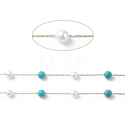304 Stainless Steel Synthetic Turquoise Bead Link Chains with Glass CHS-P016-47G-1