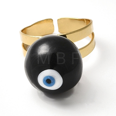 Enamel Round with Evil Eye Beaded Open Cuff Ring RJEW-E069-03G-03-1