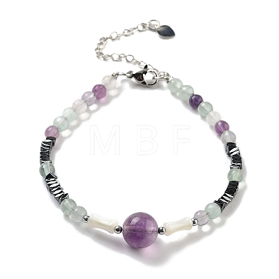 Natural Fluorite Round & Synthetic Non-magnetic Hematite & White Shell Beaded Bracelets for Women BJEW-K251-02B-1