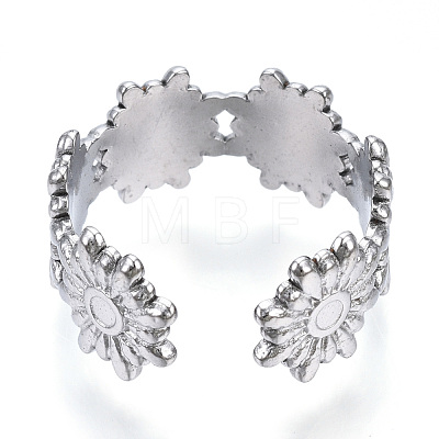 304 Stainless Steel Flower Open Cuff Ring for Women RJEW-N040-29-1