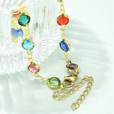 304 Stainless Steel Flat Round Acrylic Rhinestone Cup Chain Anklets for Women AJEW-B031-02G-02-1