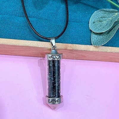 Zinc Alloy with Glass Hexagonal Bottle with Inner Natural Obsidian Chips Pendant Black PU Leather Cord Necklaces ZW0534-16-1