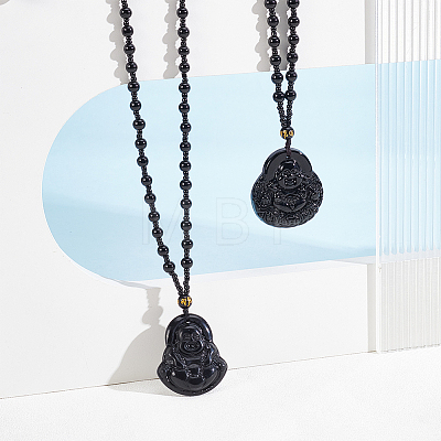 2Pcs 2 Styles Natural Obsidian Buddha Pendant Beaded Necklaces NJEW-UN0001-91-1