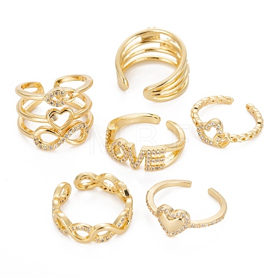 6Pcs 6 Styles Brass Micro Pave Clear Cubic Zirconia Cuff Rings RJEW-LS0001-45G-1